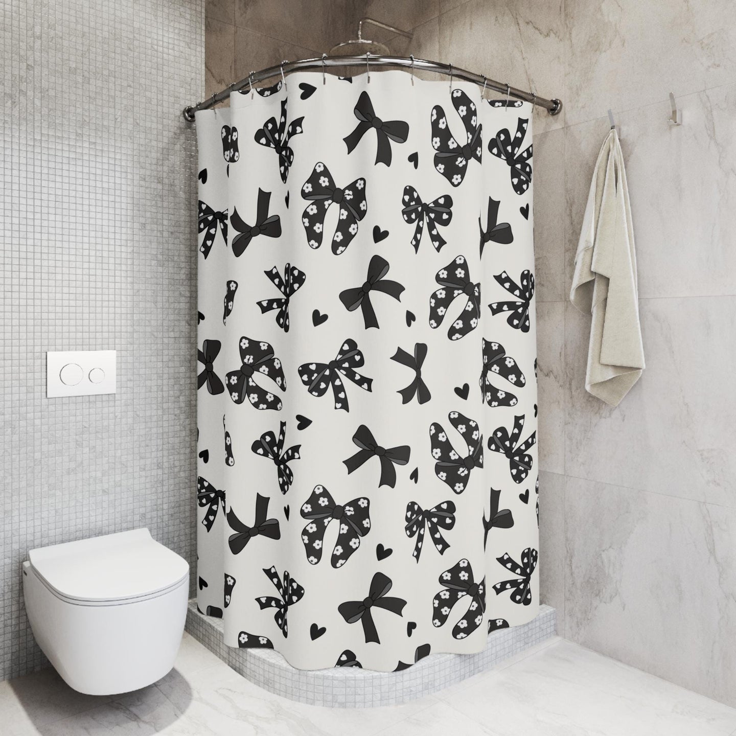 Black and white Bow Shower Curtain, custom trendy coquette bathroom decor, preppy shower curtain, aesthetic bathroom decor personalized